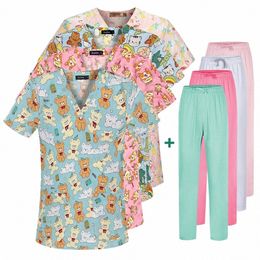 carto Printing Scrubs Tops With Straight Pants Women Men's Medical Scrubs Shirts Short Sleeve Nurse Uniforms Pet Shop Workwear o0dO#