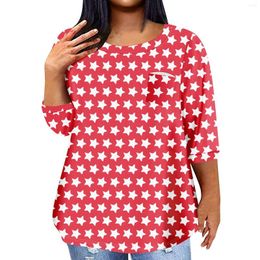 Women's T Shirts Fashionable Casual Three Quarter Sleeve Independence Day Printed Round Neck Pullover Pocket T-Shirt Top Comfortable