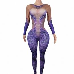 stretch Tight Jumpsuits for Women Purple Snakeskin Pattern Rhineste Bodysuits Cosplay Costumes Nightclub Showgirl Wear Zishe P1pK#