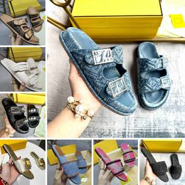 2024 New Women's Sandals Fashion Brand denim blue Sewing leather flat bottomed slippers, beach travel shoes, size 35-42, with shoe box and dust bag