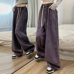 Women's Jeans Women Wide Leg Floor Length Loose Denim Pants Drawstring Elastic Waist Hip Hop Pockets Vintage Straight Long Trouser