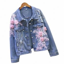 2024 Autumn Women Denim Jacket Embroidery Three-dimensial Floral Jeans Jacket Beading Pearl Ripped Hole Bomber Outerwear P778 O0JD#