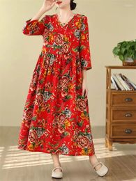 Casual Dresses Cotton And Linen Northeast Large Flower Dress Women's Summer Retro Chinese Style Printed Temperament Trend Robe K166