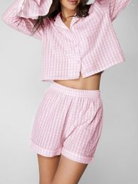 Home Clothing Women Plaid Pyjama Set Long Sleeve Tie-up Button Closure Shirt With Shorts Female Comfy Cosy Summer Spring Sleepwear
