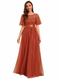 elegant Evening Dres Sequin Print Maxi Lg with Cap Sleeve A-LINE 2024 Ever Pretty of Gauze Burnt Orange Bridesmaid dr 88BM#