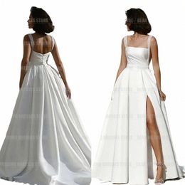 simple Elegant Wedding Dres Woman's A Line Sexy Boat Neck Bridal Gowns Formal Split Satin Spaghetti Straps Side Split Vestido Y2D7#