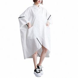 #3483 White Women Asymmetrical Shirt Dr Batwing Sleeve Loose Frt Butts Midi Dr Big Pockets Turn-down Collar Summer2023 X1Vx#