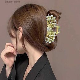 Hair Clips Haimeikang 11cm Pearl Flower Hair Claw Rhinestone Alloy Hairpins For Women New Ponytail Styling Tool Hair Accesories Y240329