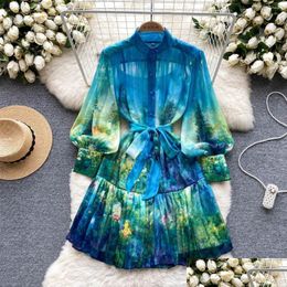 Basic Casual Dresses Foamlina Elegant Spring Summer Floral Print Dress Women Fashion Stand Collar Long Lantern Sleeve Buttons A Line V Otf9T