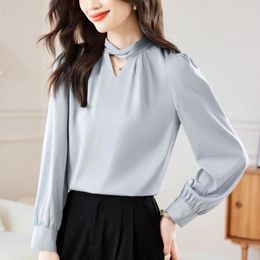 Women's Blouses Satin Shirts Spring Summer Solid Casual Elegant Office Ladies Clothing Fashion Long Sleeve Basic Tops Femme