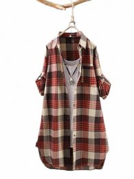 plus Size Cott Linen Medium Lg Plaid Women Autumn Shirt Vintage Casual Female Shirts Coat Loose Blouse Winter Clothes N6QD#