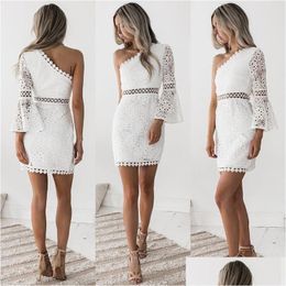 Basic & Casual Dresses Women White Lace Dress Y One Shoder Flare Sleeve Cloghet Bodycon Hollow Out Clubwear Mini Party Drop Delivery Dh80J