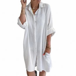 women's Solid Cott Linen V Neck Roll Lg Sleeve T-Shirt Dr Ladies Casual Loose Blouse Tops Daily Clothing Plus Size 2024 I2m9#