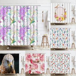 Shower Curtains Flowers Birds Curtain Purple Floral Spring Animal Toucan Parrot Bath Waterproof Fabric Bathroom Decor Screen Set