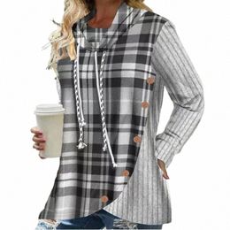 2023 New Autumn Fi Simple Casual Hooded Drawstring Plaid Lg Sleeve Temperament Commuter Pullover Women's Butt Sweater I0UO#