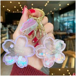 Key Rings Acrylic Flower Keychains Sakura Car Chain Ring Accessories Women Fashion Schoolbag Pendants Bag Charms Cute Gold Metal Keyri Dhauy