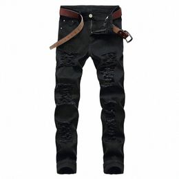 new Black Straight Hole Destructi Trousers Distred Jeans Men Fi Designer Stretch Casual Denim Pants Male Large Size E31G#