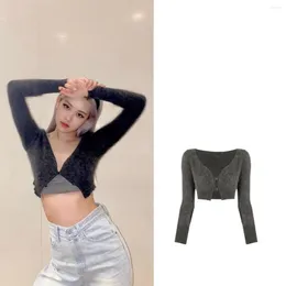 Women's Knits Kpop Korean Celebrity Stage Show Fashion Slim V-neck Button Sweater Women Summer Nightclub Sexy Short Knit Cardigan Sweaters