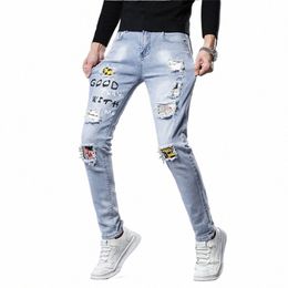 high Street Fi Jeans man Knee Rip Patchwork Leather Slim Fit Casual Denim Pants Men D5rW#