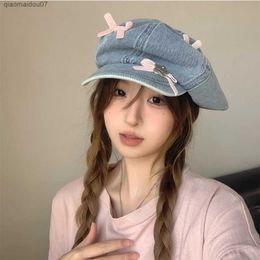 Newsboy Hats Instagrams popular bow design denim beret suitable for womens spring and summer. Versatile Sunscreen Retro Octagonal Newsboy Hats Y2kL2403