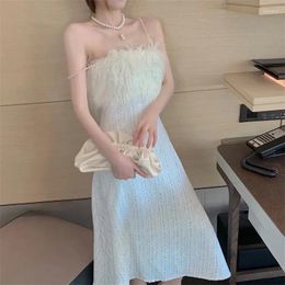 Casual Dresses Elegant French Retro Tube Top One-shoulder White Dress Female Summer Pearl Suspender Mid-length Skirt Autumn Winter Inner