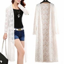 pulabo Summer Beach Cover Up 3XL Women Floral Lace Kimo Semi Sheer Solid Open Frt Lg Elegant Cardigan Mujer Tops B2nO#