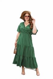 plus Size Polka Dot V-Neck Butterfly Sleeve Dr Women Summer 2024 Holiday Beach Vintage Ruffle Hem Maxi Lg Dres v3N2#