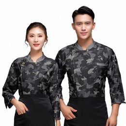 chef Uniform Lg Sleeve Autumn and Winter Clothes Hotel Catering Cake Shop Canteen Rear Kitchen Work Clothes Men and Women Prin j6o3#