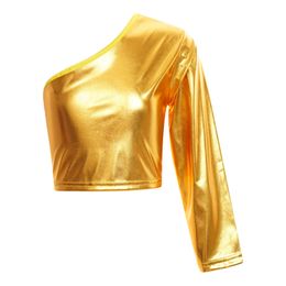 Kids Girls Boys Tshirt Jazz Hiphop Dance Tops Metallic Shiny Long Sleeve One Shoulder Crop Top Shirts for Stage Performance 240318