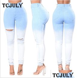 Women'S Jeans Tcjy New Blue White Gradient Casual For Women Hole Ripped Skinny Push Up Pencil Pants High Waist Stretch Slim Drop Deli Dhr68