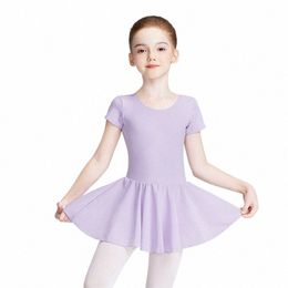 girls Ballet Leotards Kids Round Neck With Lined Chiff Tutu Short Sleeve Dr Gymnastics Dancewear Costumes N1Jz#