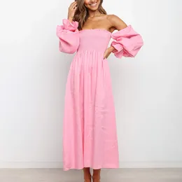 Casual Dresses Women Long Puff Sleeve Summer Square Neck Dress Smocked A Line Solid Colour Ruffle Flowy Swing Midi Retro Oversized