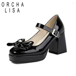 Dress Shoes ORCHA LISA 2024 Sweet Pumps PU Leather Round Toe 8.5cm Block Heel 2cm Platform Buckles Bow Big Size 42 43 Apricot Black