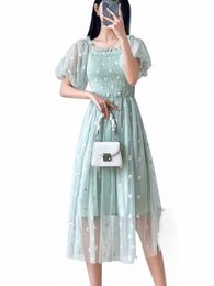 women Mesh Embroidered Off-Shoulder Dres Fairy Chic Dr Female New Sweet Daisy Ladies Mesh Lg Floral Dr Female J5TL#