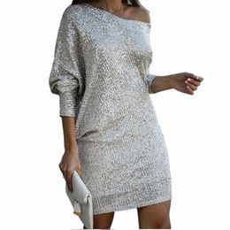 fi Sequined Evening Party Dres Women Diagal Collar Three Quarter Sleeves Mini Prom Dres Elegant Sparkly Gown Formal Q7cf#