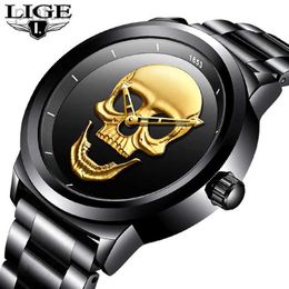 Wristwatches LIGE Skeleto Men Watch Top Brand Casual 3D Skull Full Steel Waterproof Military Sports Male Quartz Wrist Watch Relogio Masculino 24329