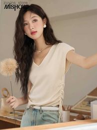 Women's T-Shirt MISHOW V-neck Drawstring T-shirt for Women Summer 2023 Flying Sleeve Shirring Tees Casual Fashion Female Solid Tops MXC38Z009324329