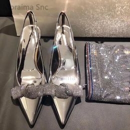 Dress Shoes Rhinestone Bowknot Singback Women's Sandals Silver Champagne High Heels Pointed Toe Back Empty Office 6.5Cm