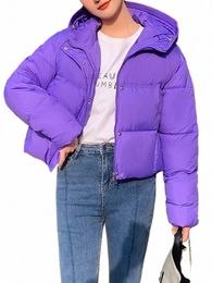 cjfhje Purple Winter Snow Coats Women Short Warm Down Jacket Basic Coat Fi Hooded Outwear Korean Female Parkas Warm Outwear L9P1#