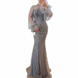 serene HILL Grey Mermaid Elegant High Neck Evening Dres Gowns 2024 Full Sleeves Beaded Luxury For Women Party CLA71690 S2XS#