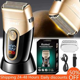 Electric Shavers Kemei Beard Electric Shaver For Men USB Rechargeable Stubble Electric Razor Washable Shaving Machine Balds LCD Display KM-3209 240329