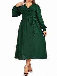 plus Size Spring Fall Dr for Women 2024 Winter Wrap V Neck Lg Sleeve Elegant Swing A-Line Maxi Dres with Belt w5aG#