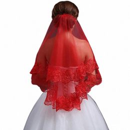 classic Red Bridal Wedding Simple Lg Lace Veil Headpiece for Women x8eX#