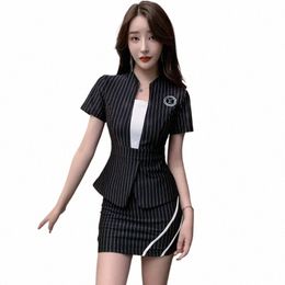 hotel Frt Desk Women's Waiter Recepti Uniform Beauty Sal Esthetician Short Sleeve Skirt Suits Masseur Sauna Overalls d9kP#