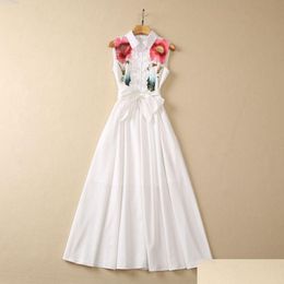 Basic Casual Dresses 2023 White Floral Print Belted Dress Sleeveless Lapel Neck Panelled Midi S3W030427 Drop Delivery Apparel Womens C Otowg