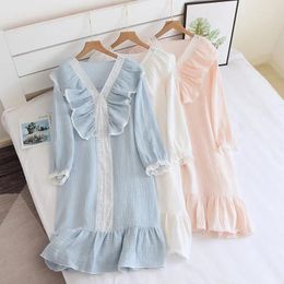 Women's Sleepwear Princess Style Nightdress Women Spring And Summer Long-sleeved Thin Cotton Cute Sweet Lace Design Home V-neck Long