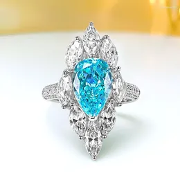 Cluster Rings Luxury Light Small Crowd Sea Blue Treasure Droplet 925 Sterling Silver Ring With High Carbon Diamonds For Wedding