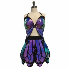 shiny Laser Butterfly Bra Skirt Set Women Cosplay Prop Costume Bar Nightclub Gogo Dancer Singer Party Show Performance Clothes p1kb#