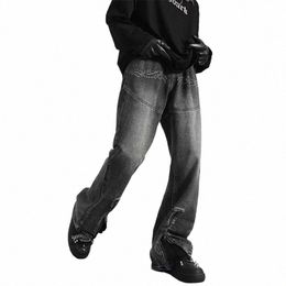 2022 Dark Streetwear Totem Embroidery Vintage Baggy Men Jeans Pants Feet Zipper Straight Hip Hop Punk Denim Trousers Ropa Hombre X0BD#