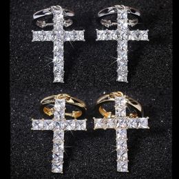 High Quality Gold Plated Bling Square CZ Cross Earrings Hoops for Men Women Nice Gift for Friend263p